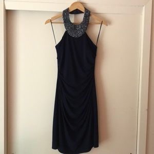 JS Boutique Navy Dress w Sequin/Beaded Collar, 6